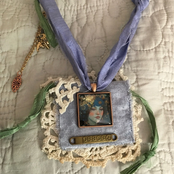 Handmade Artisan Boho Statement Jabot Necklace with Ribbon and Lace